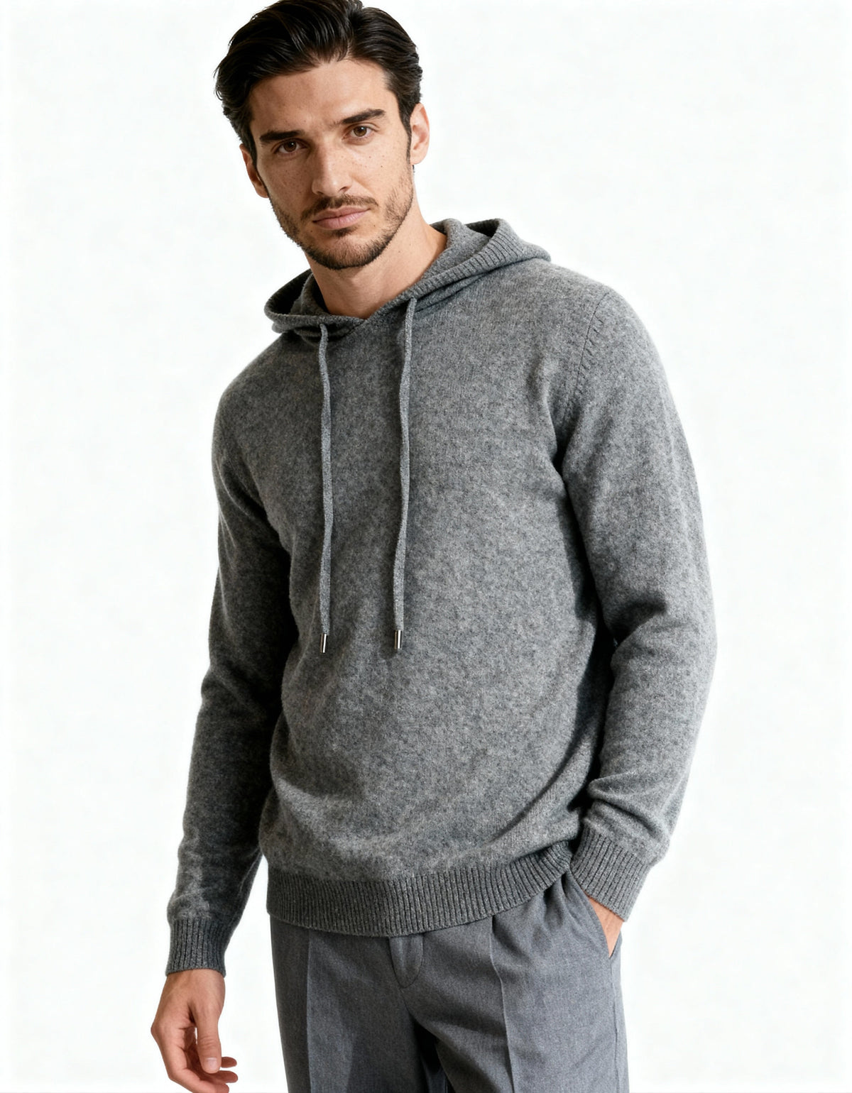 Men's Cashmere Hoodie with Kangaroo Pocket and Ribbed Trims - Gray