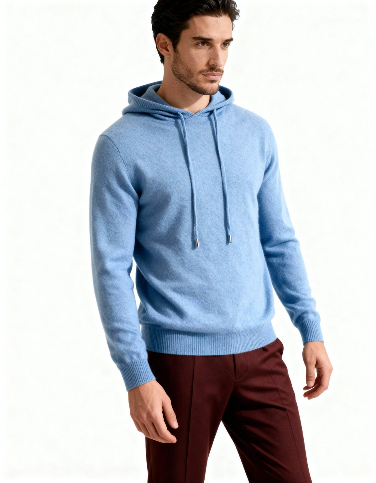 Men's Cashmere Hoodie with Kangaroo Pocket and Ribbed Trims - Blue