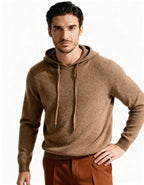 Men's Cashmere Hoodie with Kangaroo Pocket and Ribbed Trims - Brown