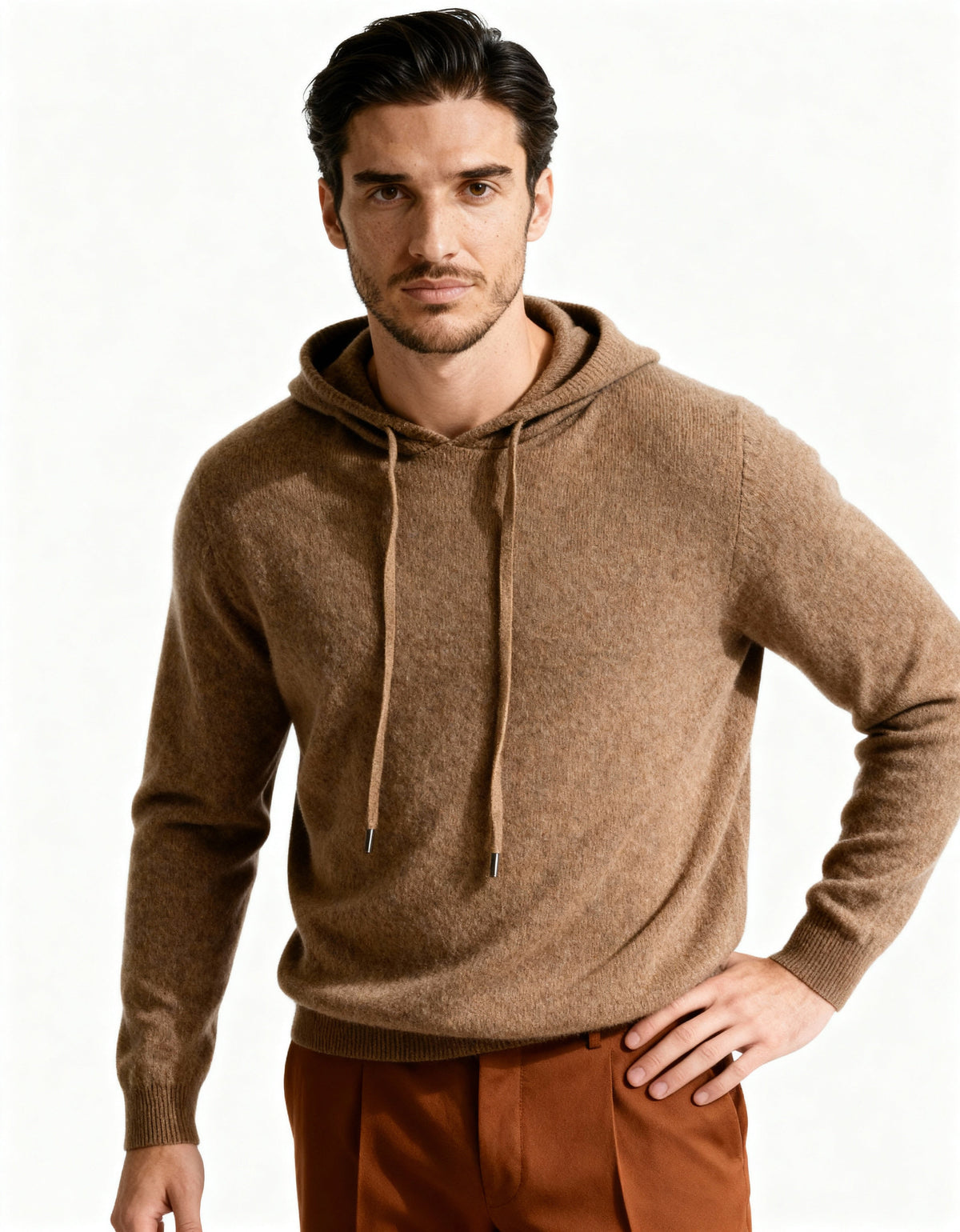 Men's Cashmere Hoodie with Kangaroo Pocket and Ribbed Trims - Brown