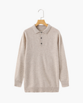 Men's Cashmere Knit Polo with Long Sleeves and Button Placket - Beige
