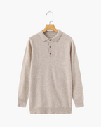 Men's Cashmere Knit Polo with Long Sleeves and Button Placket - Beige
