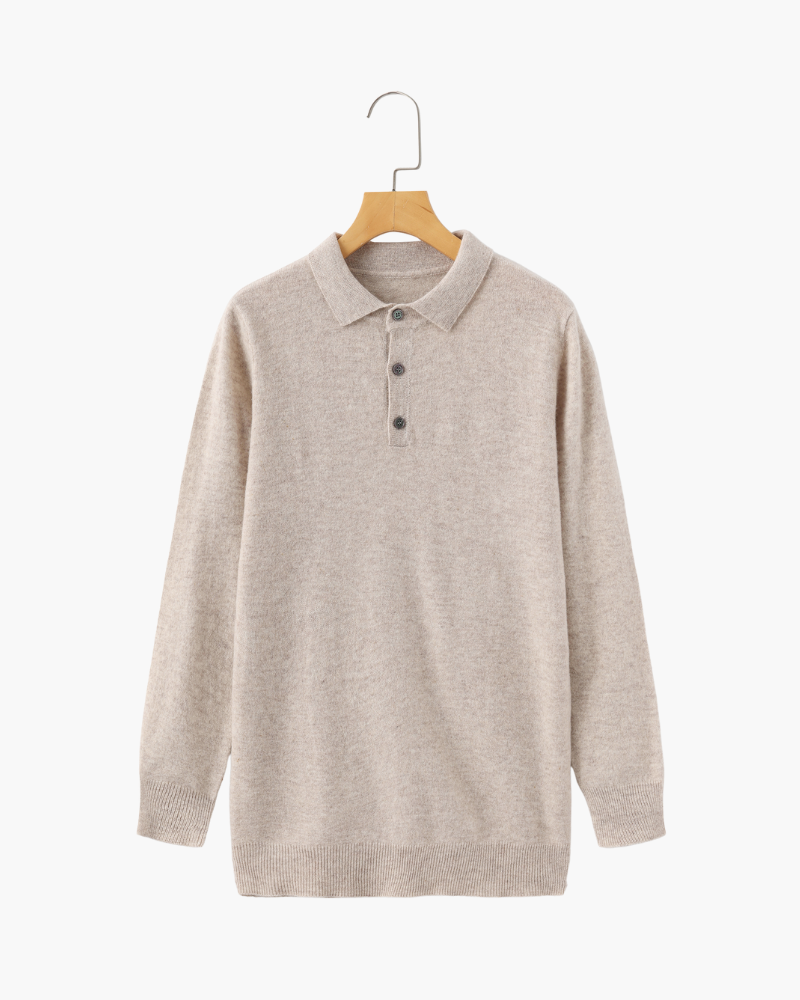 Men's Cashmere Knit Polo with Long Sleeves and Button Placket - Beige