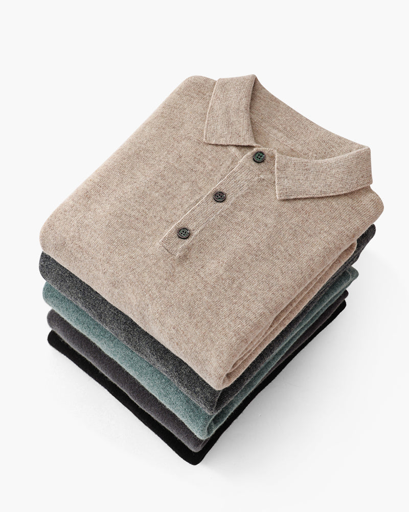 Men's Cashmere Knit Polo with Long Sleeves and Button Placket