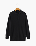 Men's Cashmere Knit Polo with Long Sleeves and Button Placket - Black