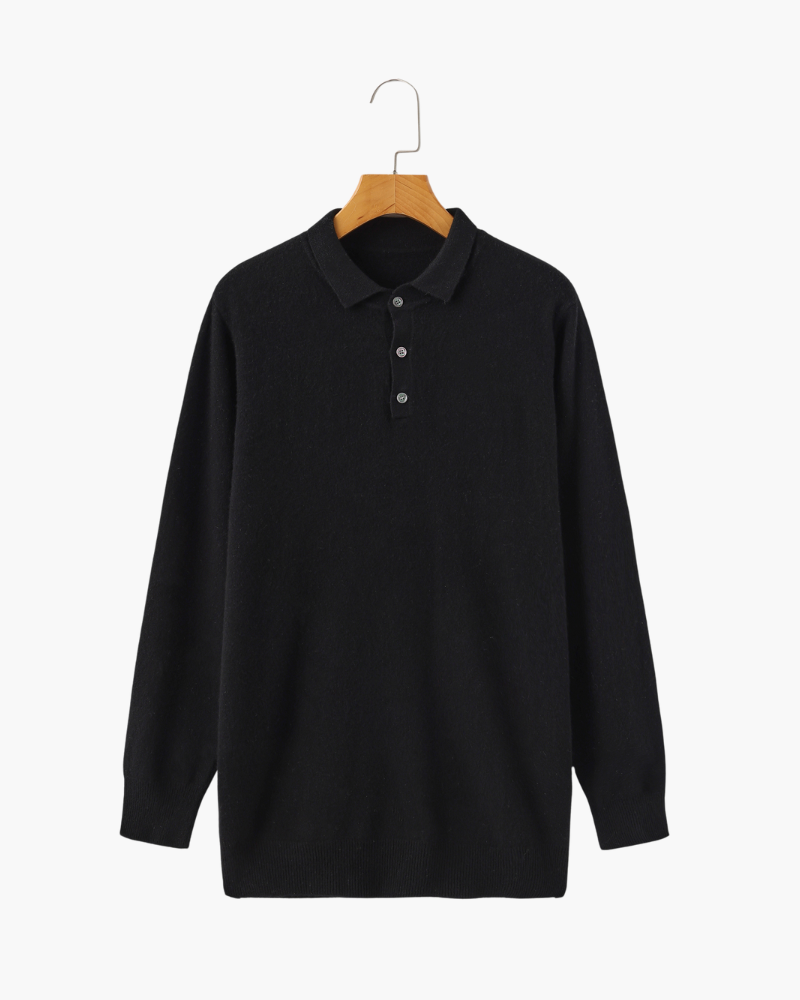 Men's Cashmere Knit Polo with Long Sleeves and Button Placket - Black