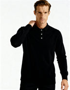 Men's Cashmere Knit Polo with Long Sleeves and Button Placket