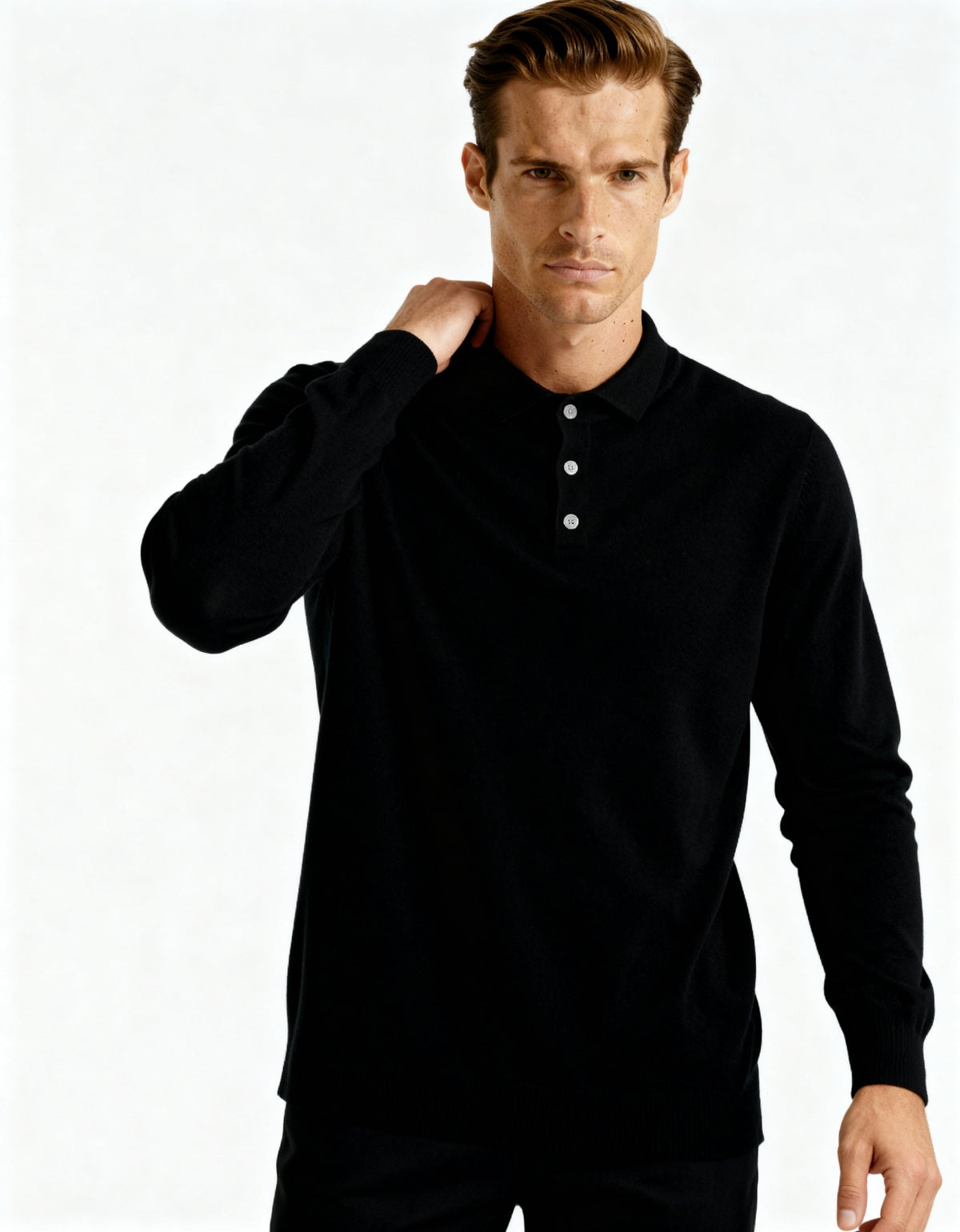 Men's Cashmere Knit Polo with Long Sleeves and Button Placket