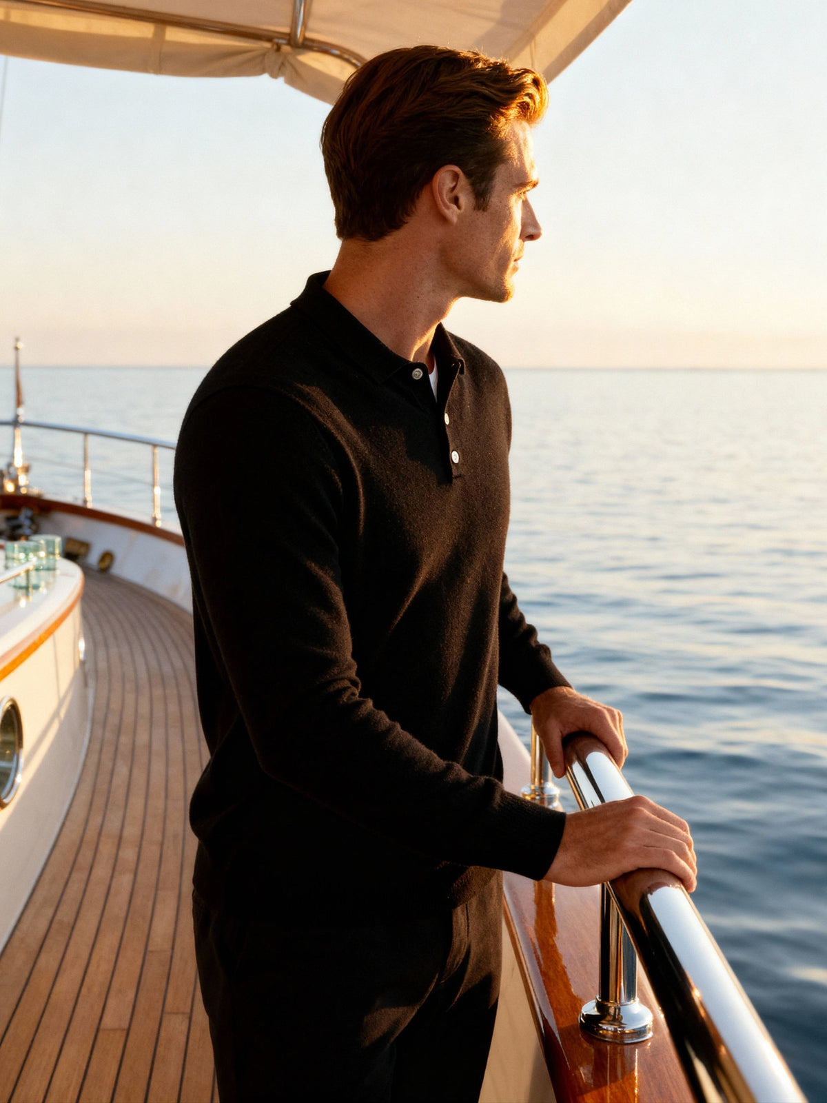 Men's Cashmere Knit Polo with Long Sleeves and Button Placket