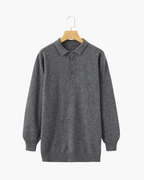 Men's Cashmere Knit Polo with Long Sleeves and Button Placket - Light Gray