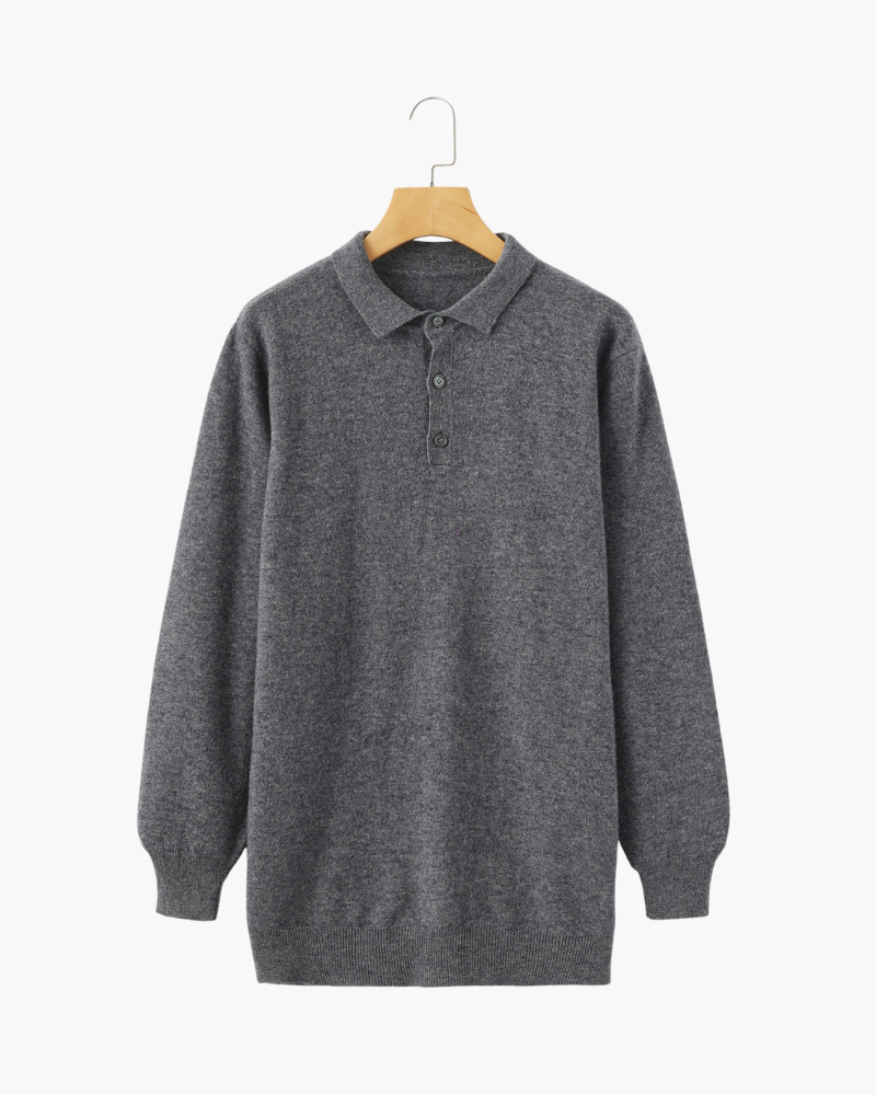 Men's Cashmere Knit Polo with Long Sleeves and Button Placket - Light Gray