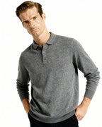 Men's Cashmere Knit Polo with Long Sleeves and Button Placket