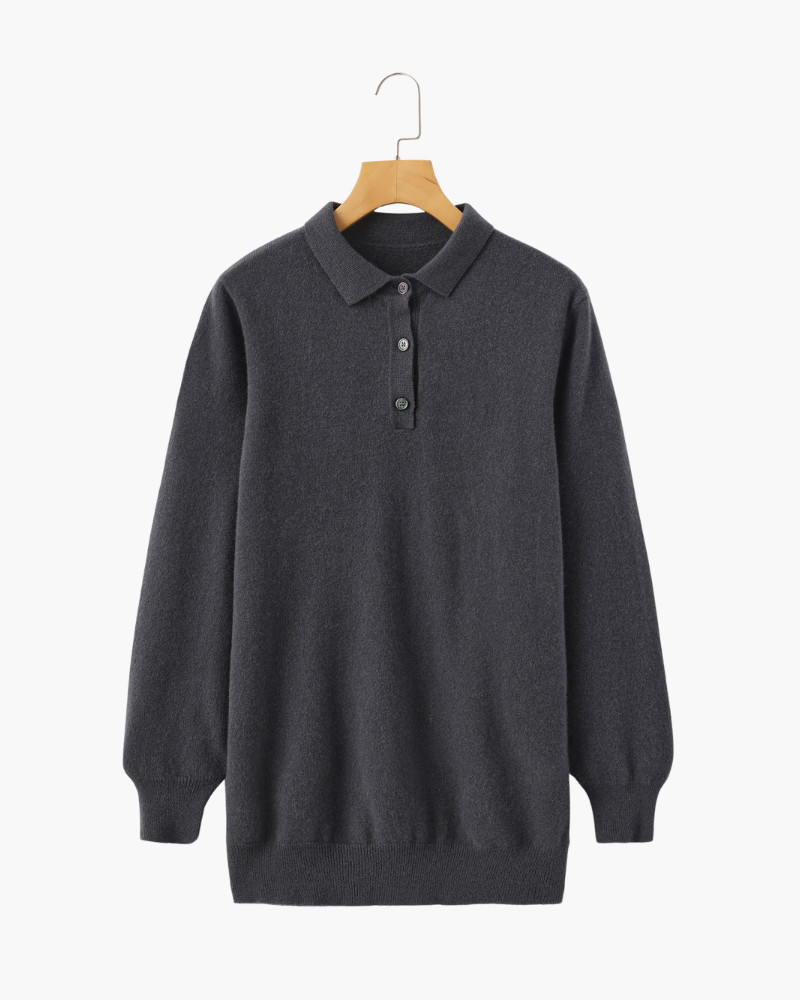 Men's Cashmere Knit Polo with Long Sleeves and Button Placket - Dark Gray