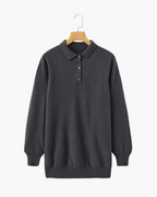 Men's Cashmere Knit Polo with Long Sleeves and Button Placket - Dark Gray