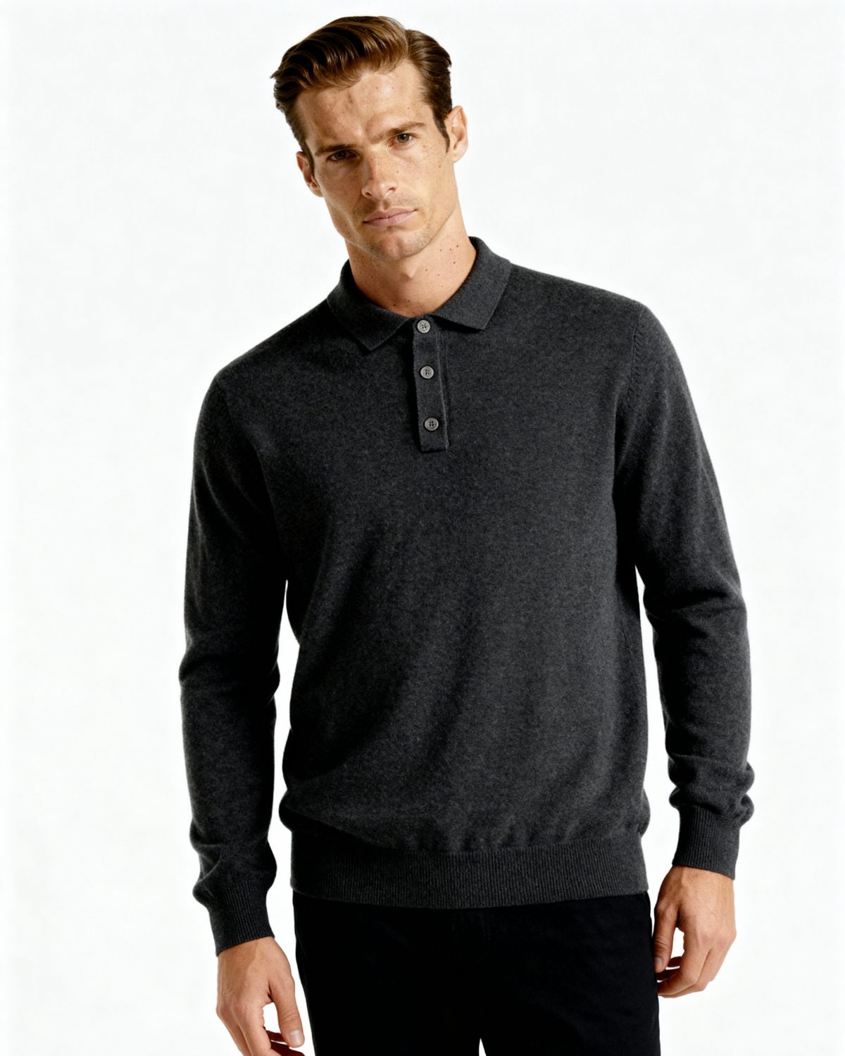 Men's Cashmere Knit Polo with Long Sleeves and Button Placket