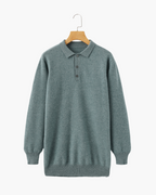 Men's Cashmere Knit Polo with Long Sleeves and Button Placket - Green