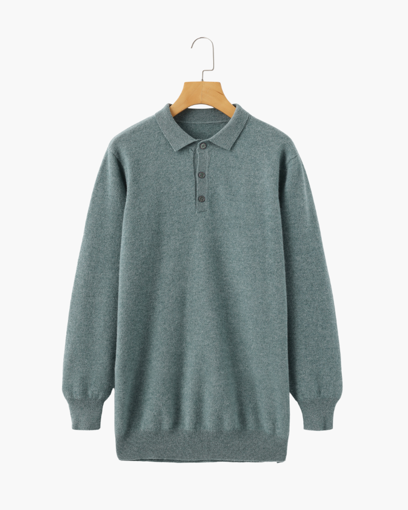 Men's Cashmere Knit Polo with Long Sleeves and Button Placket - Green