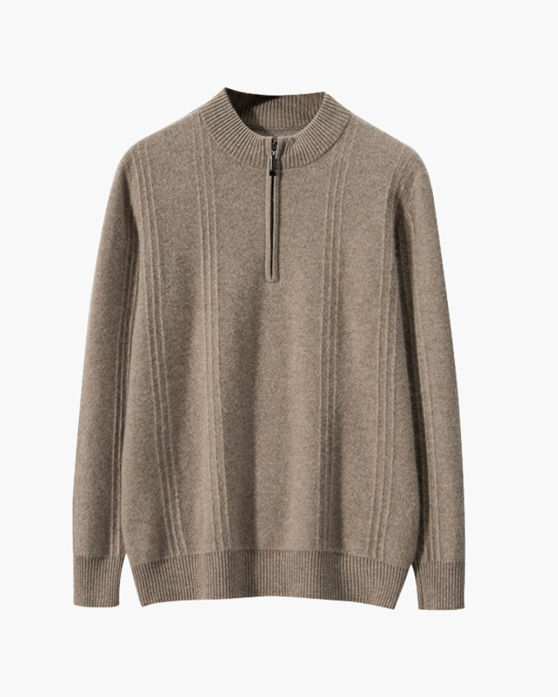 Men's Cashmere Ribbed Half-Zip Sweater with Stand Collar - Beige