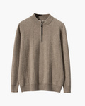 Men's Cashmere Ribbed Half-Zip Sweater with Stand Collar - Beige