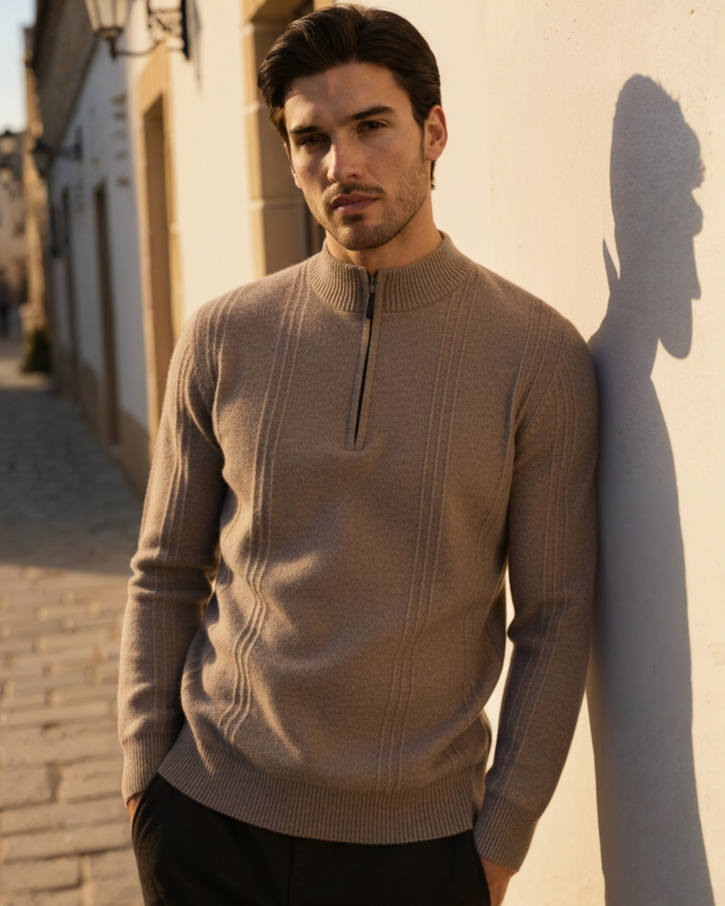 Men's Cashmere Ribbed Half-Zip Sweater with Stand Collar
