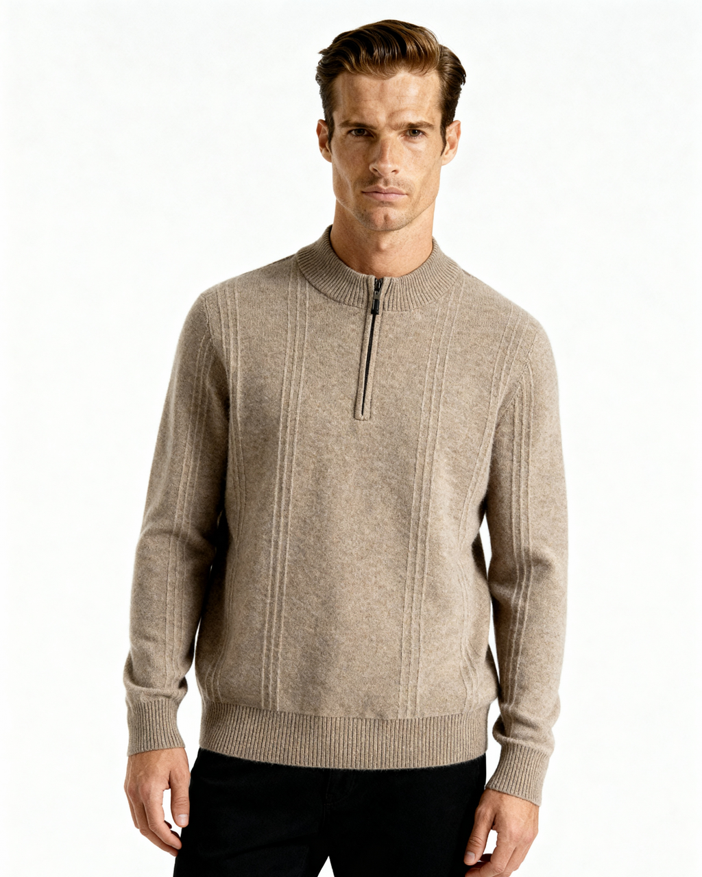 Men's Cashmere Ribbed Half-Zip Sweater with Stand Collar