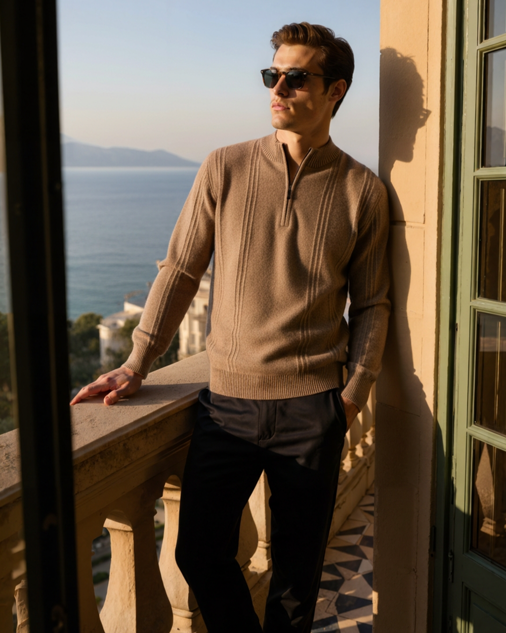 Men's Cashmere Ribbed Half-Zip Sweater with Stand Collar