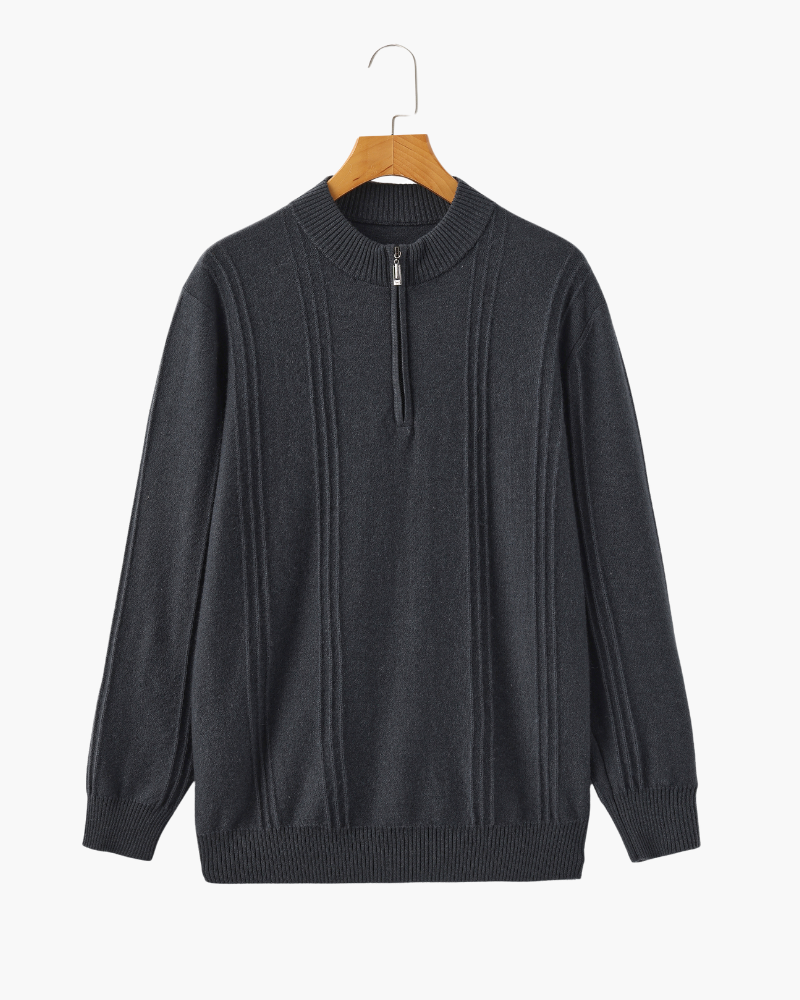 Men's Cashmere Ribbed Half-Zip Sweater with Stand Collar - Dark Gray