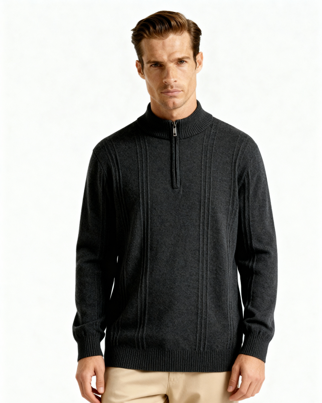 Men's Cashmere Ribbed Half-Zip Sweater with Stand Collar