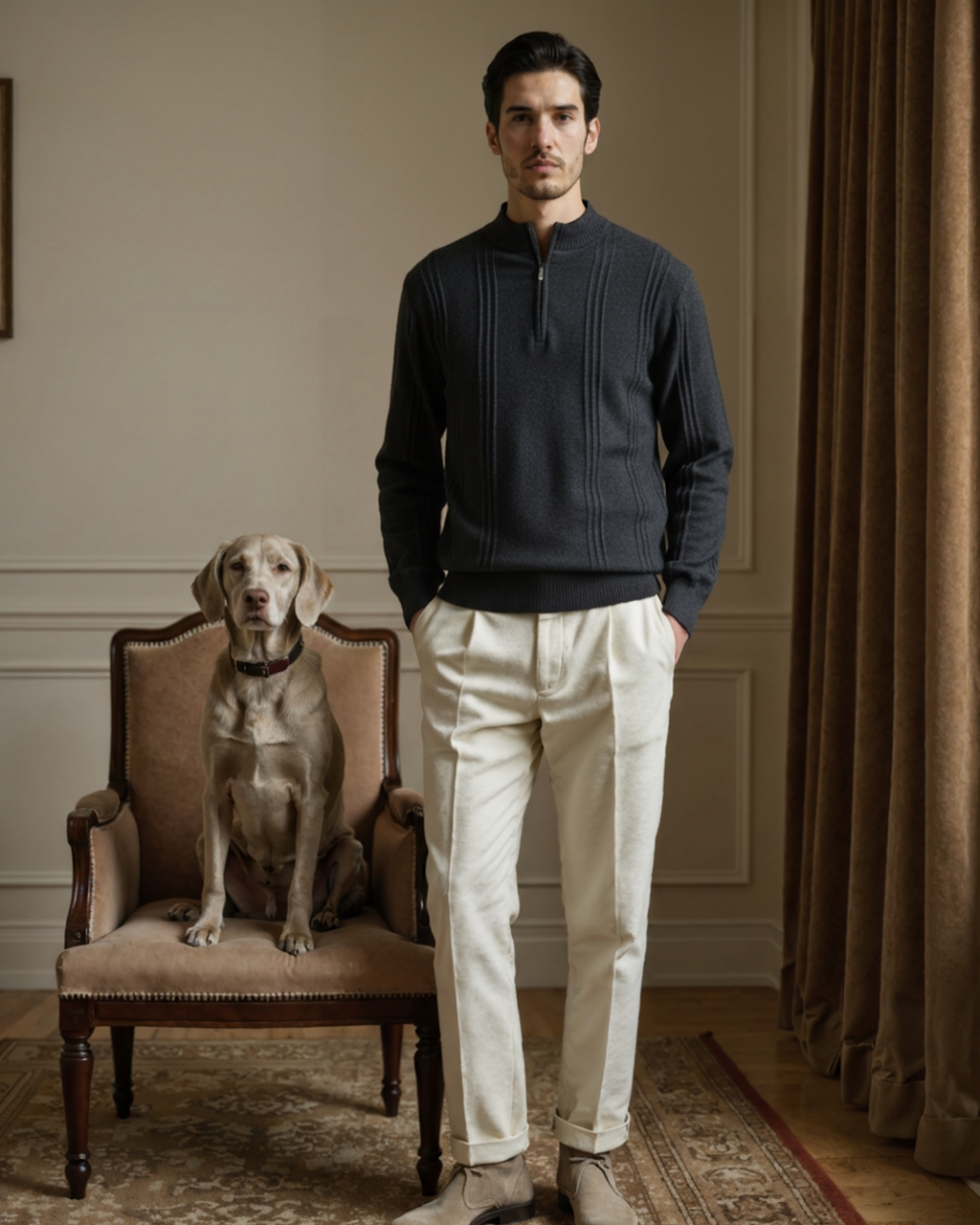 Men's Cashmere Ribbed Half-Zip Sweater with Stand Collar