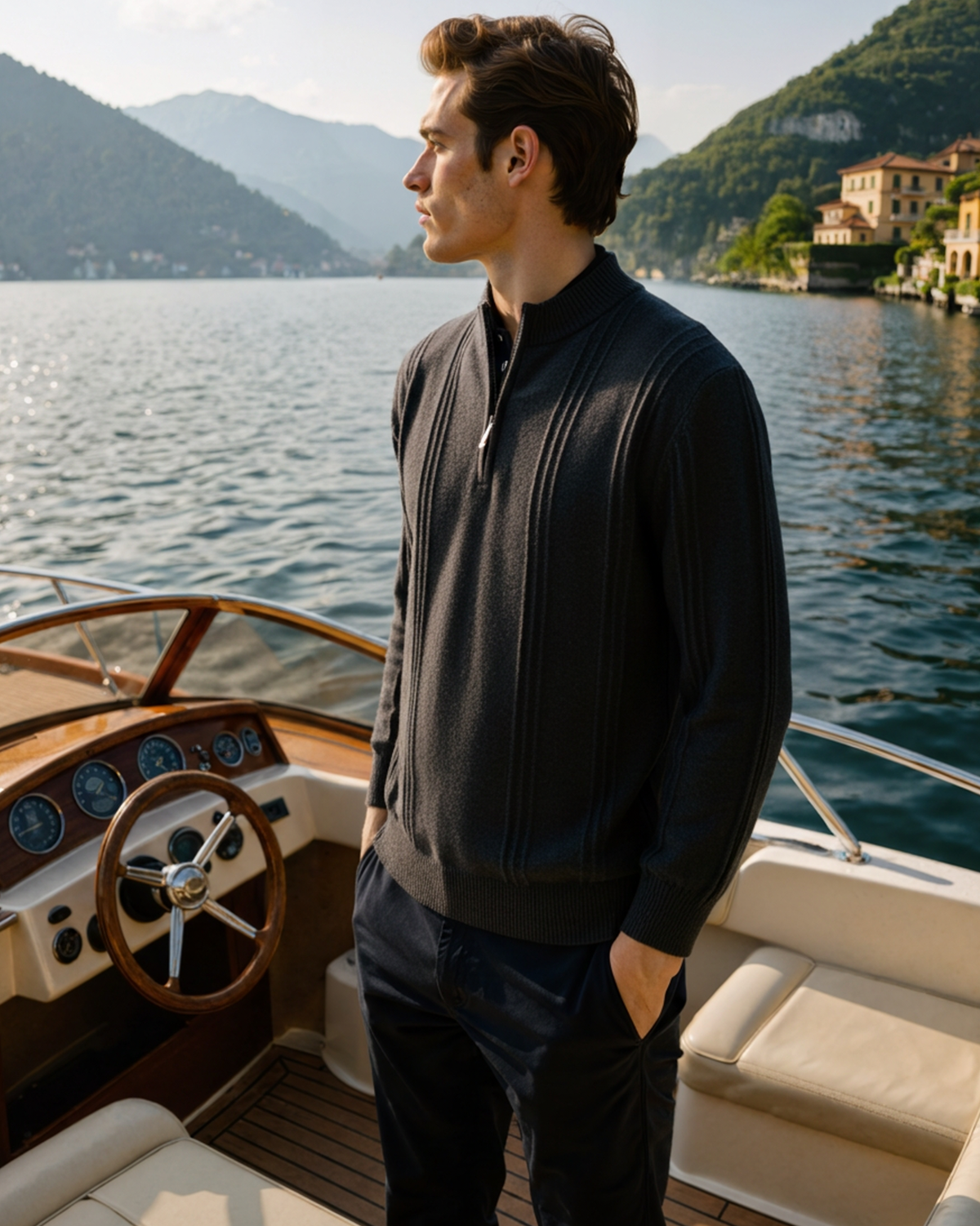 Men's Cashmere Ribbed Half-Zip Sweater with Stand Collar