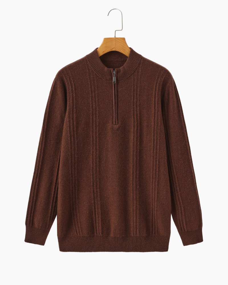 Men's Cashmere Ribbed Half-Zip Sweater with Stand Collar - Brown