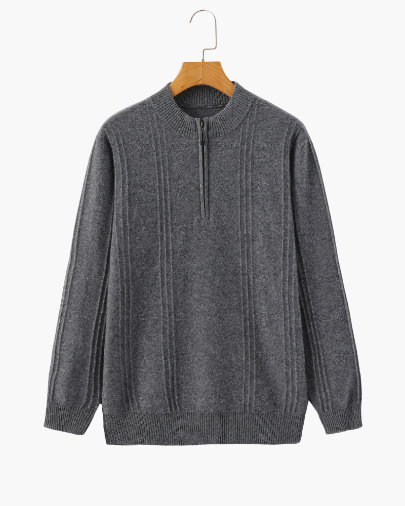 Men's Cashmere Ribbed Half-Zip Sweater with Stand Collar - Gray