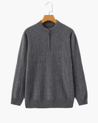 Men's Cashmere Ribbed Half-Zip Sweater with Stand Collar - Gray