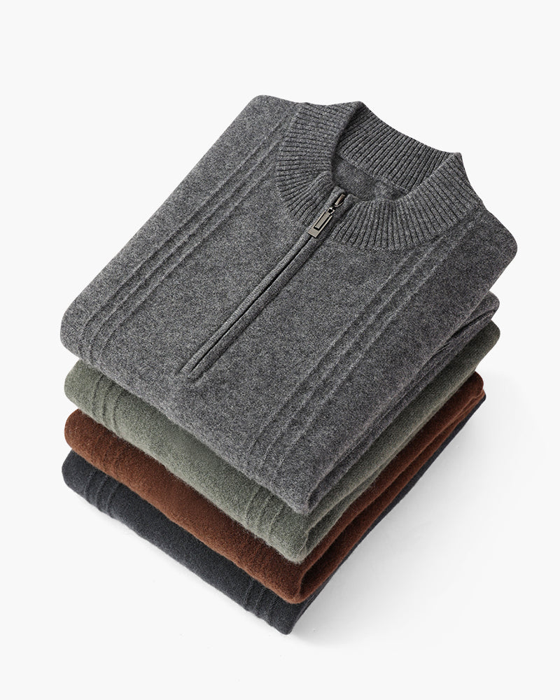 Men's Cashmere Ribbed Half-Zip Sweater with Stand Collar