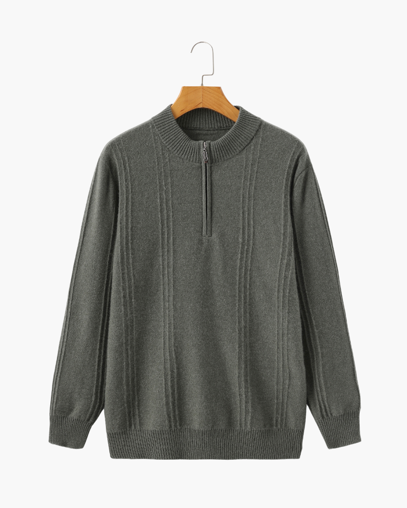Men's Cashmere Ribbed Half-Zip Sweater with Stand Collar - Olive
