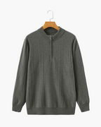 Men's Cashmere Ribbed Half-Zip Sweater with Stand Collar - Olive