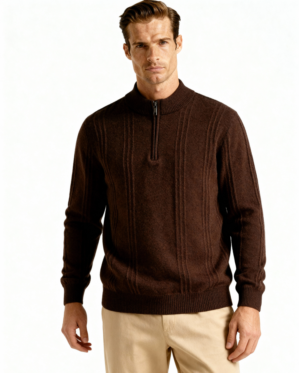 Men's Cashmere Ribbed Half-Zip Sweater with Stand Collar