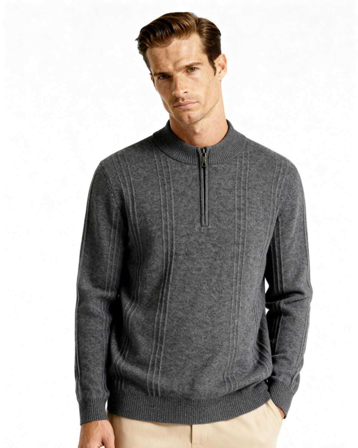 Men's Cashmere Ribbed Half-Zip Sweater with Stand Collar