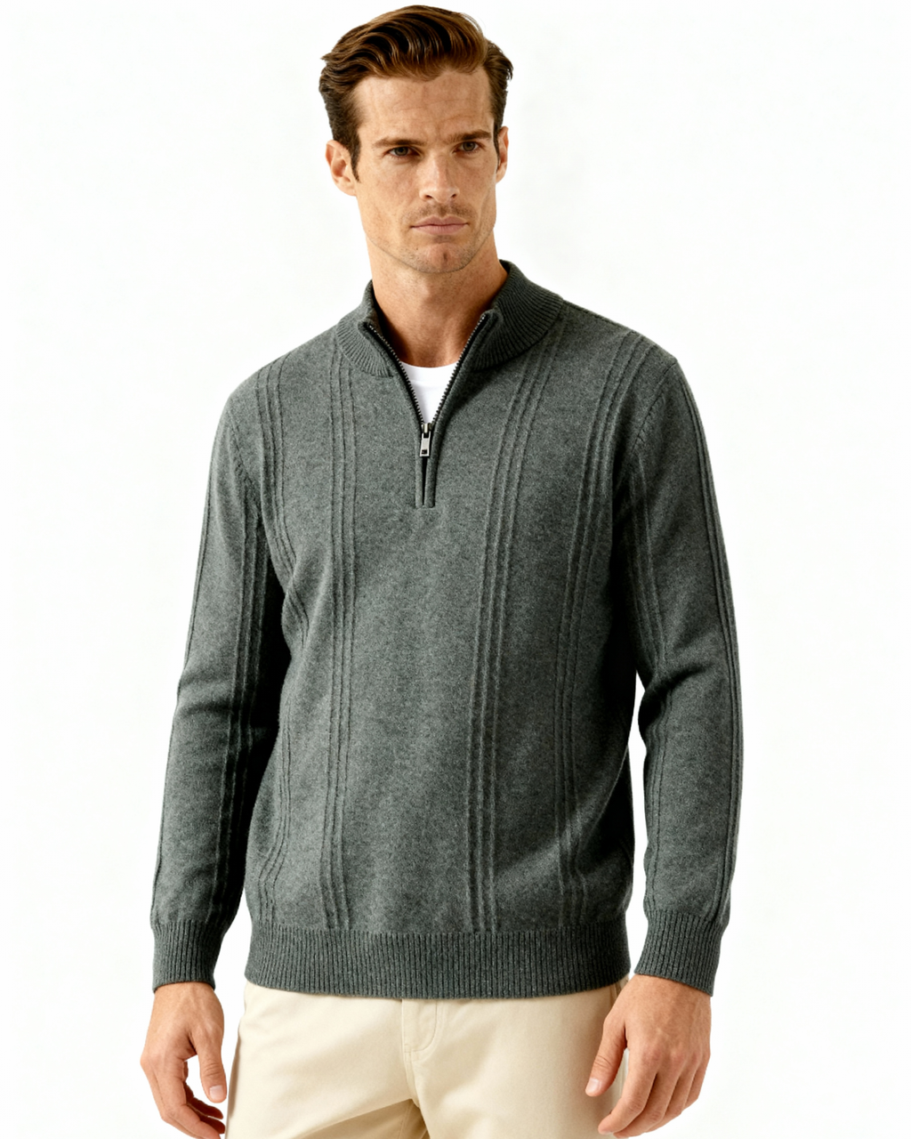 Men's Cashmere Ribbed Half-Zip Sweater with Stand Collar