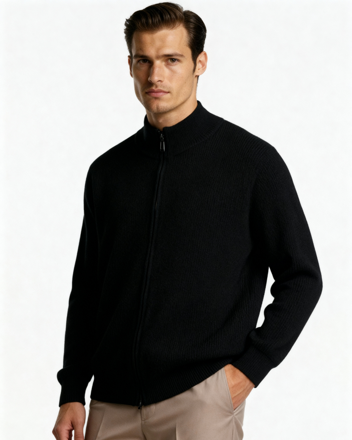 Men's Cashmere Zip Cardigan with Stand Collar and Ribbed Trims - Black
