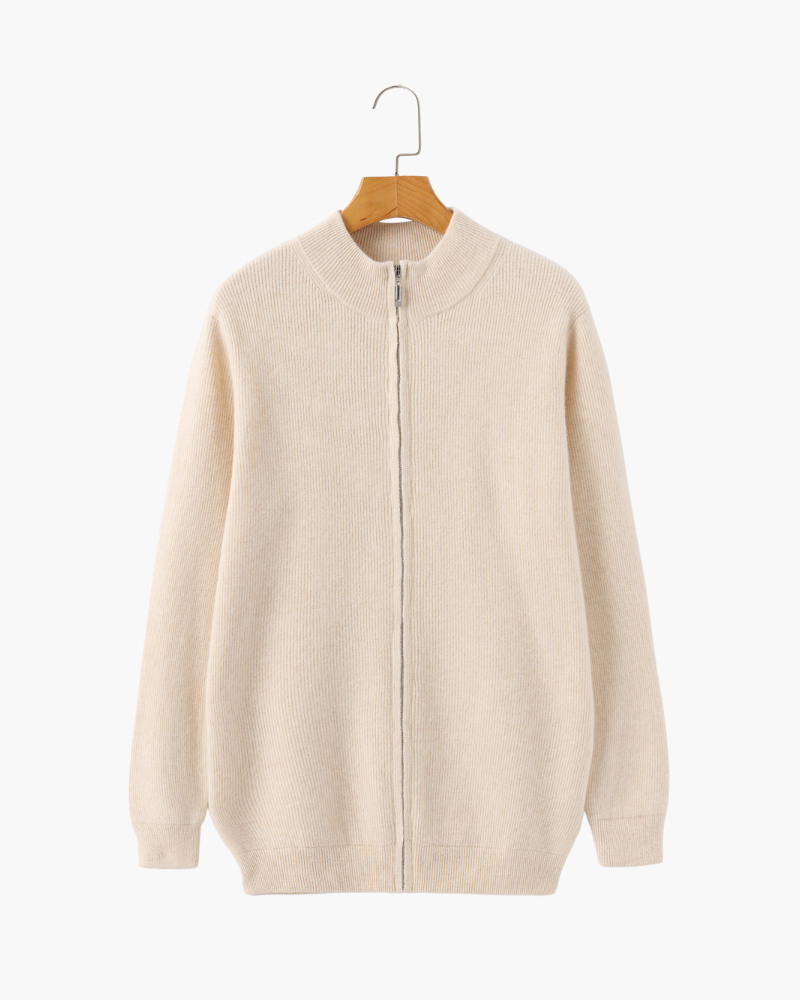 Men's Cashmere Zip Cardigan with Stand Collar and Ribbed Trims - Beige