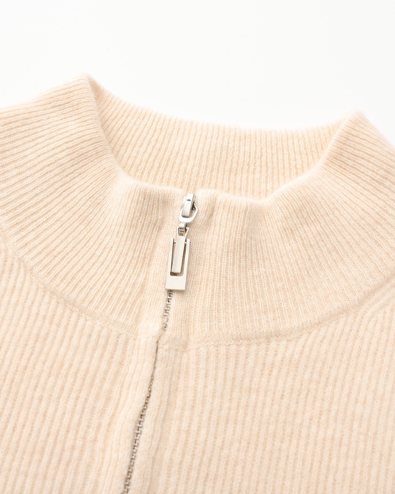 Men's Cashmere Zip Cardigan with Stand Collar and Ribbed Trims