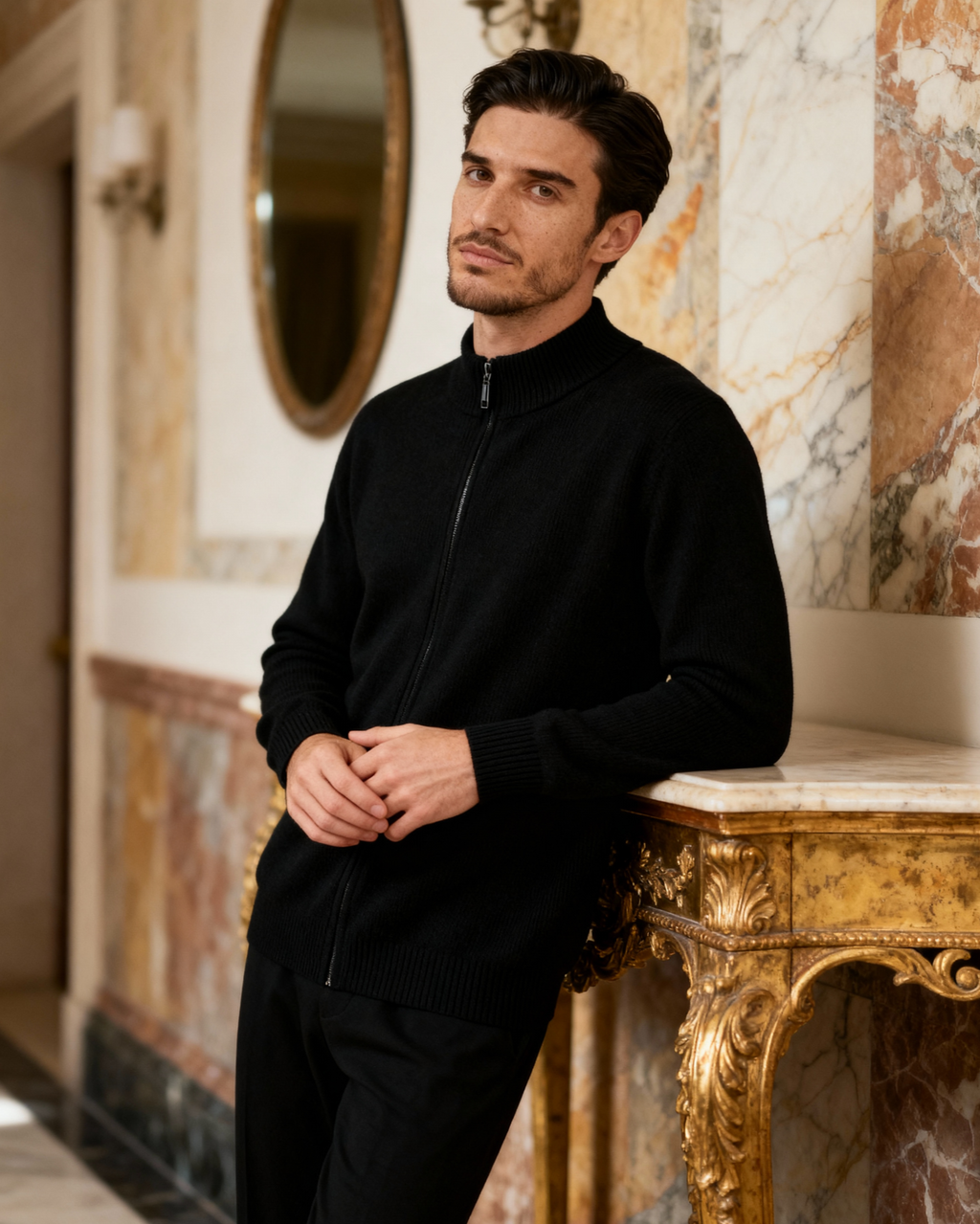 Men's Cashmere Zip Cardigan with Stand Collar and Ribbed Trims - Black