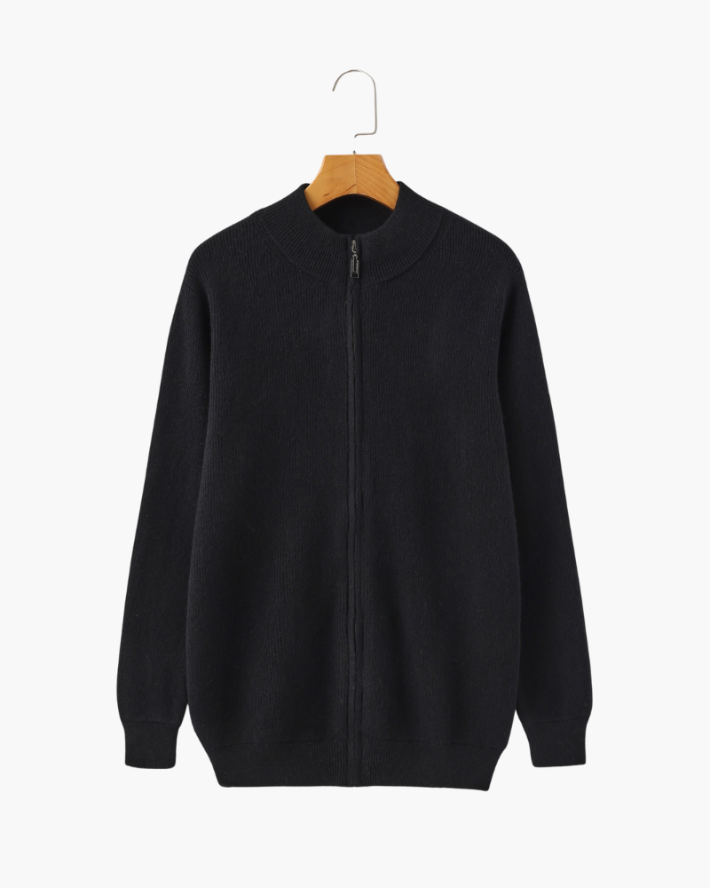 Men's Cashmere Zip Cardigan with Stand Collar and Ribbed Trims - Black