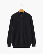 Men's Cashmere Zip Cardigan with Stand Collar and Ribbed Trims - Black