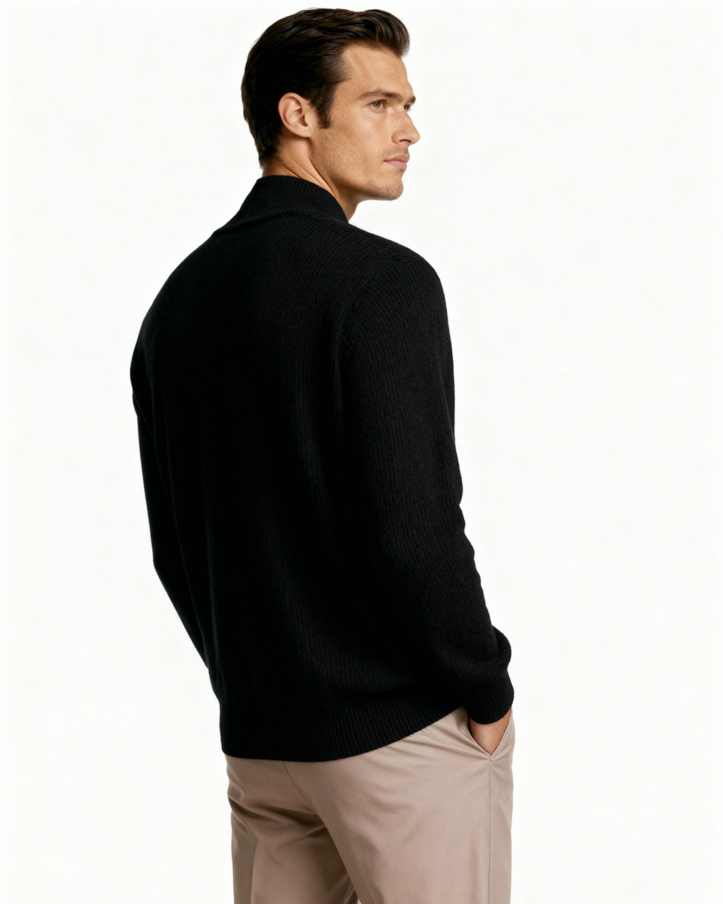 Men's Cashmere Zip Cardigan with Stand Collar and Ribbed Trims - Black