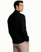 Men's Cashmere Zip Cardigan with Stand Collar and Ribbed Trims - Black