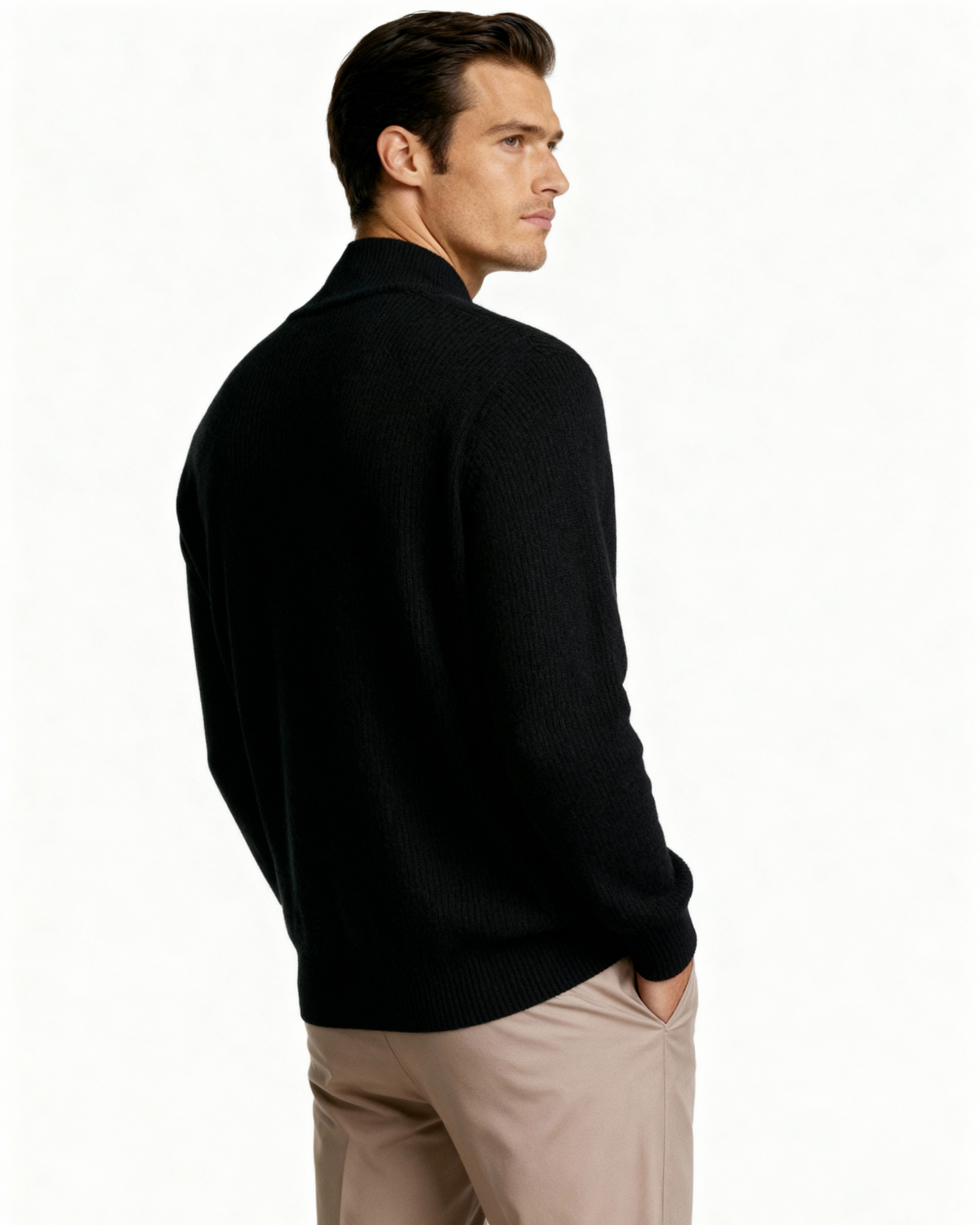 Men's Cashmere Zip Cardigan with Stand Collar and Ribbed Trims - Black