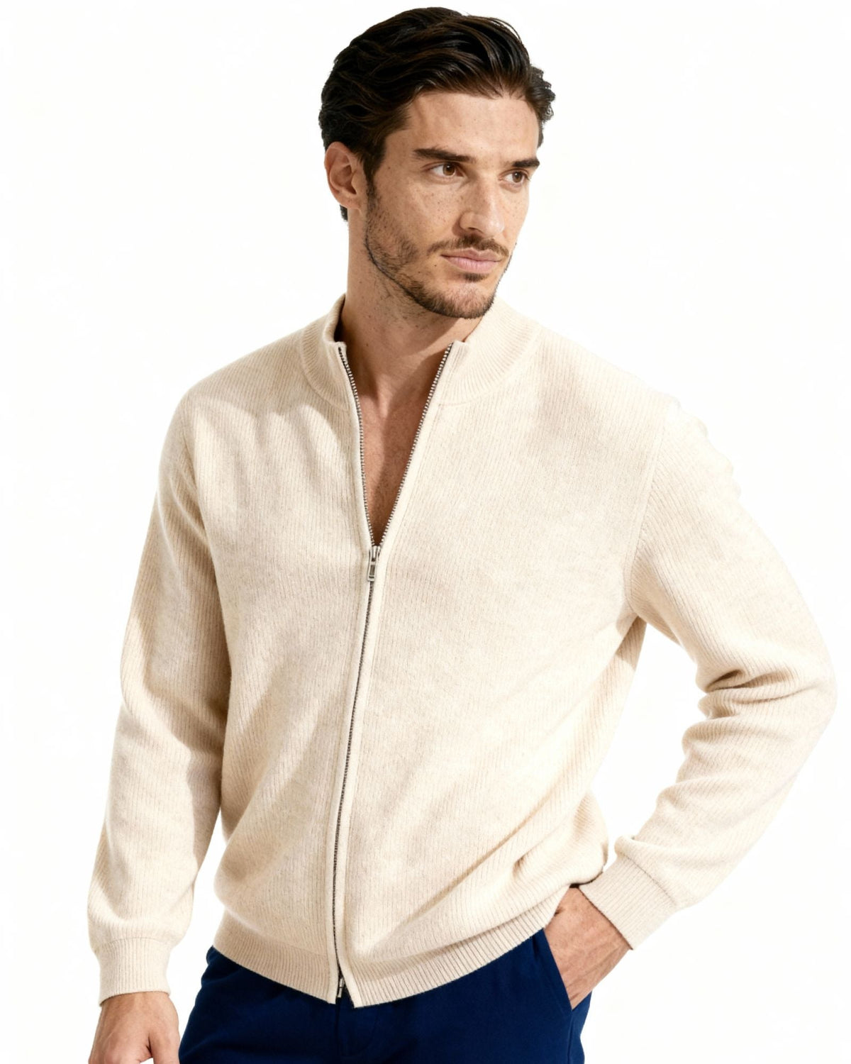 Men's Cashmere Zip Cardigan with Stand Collar and Ribbed Trims - Beige