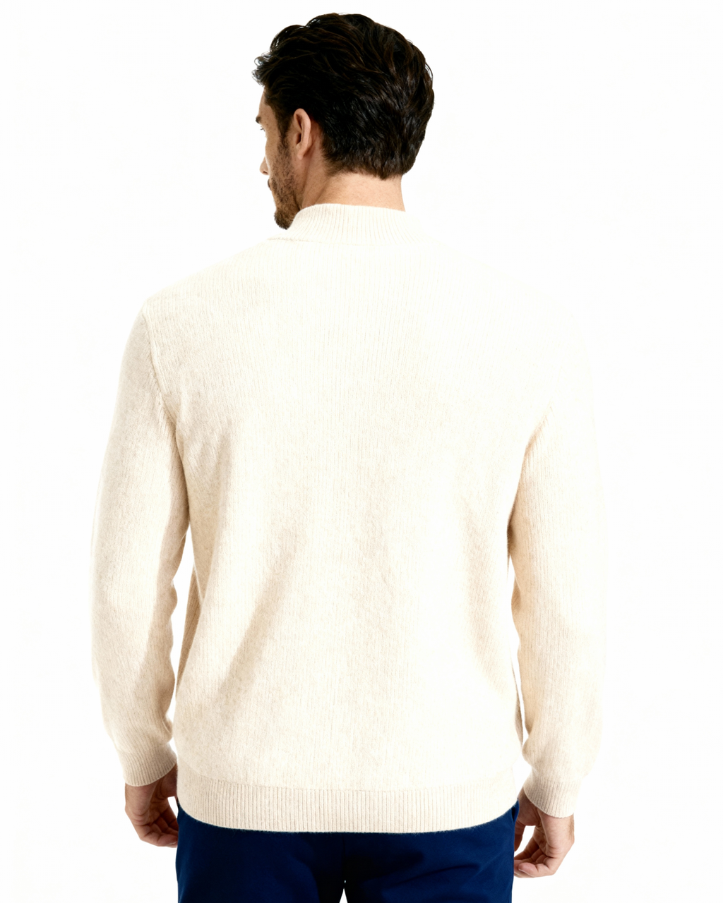 Men's Cashmere Zip Cardigan with Stand Collar and Ribbed Trims - Beige